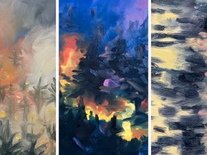 Three recent paintings. Critical Condition is a stylized depiction of a forest fire, with threes engulfed in orange flames, white smoke, and a black sky. Flooded Corner is an impressionistic image of a house besieged by black, yellow, silver and pink waters. Smoldering is another painting of a forest fire, this time with against a late-afternoon sky of dark blue.