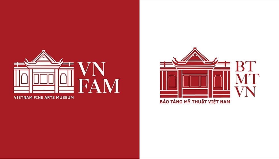 The logo has two parts. The left side shows an illustration of a detail of the museum building in white, set against a red background. The acronym VNFMA, also in white, is next to the museum. Beneath the museum illustration are the words "Vietnam Fine Arts Museum. The right side shows the same illustration and acronym in red, set against a white background. The name of the museum in Vietnamese 鈥� Bao Tang My Thuat Viet Nam 鈥� is just below.