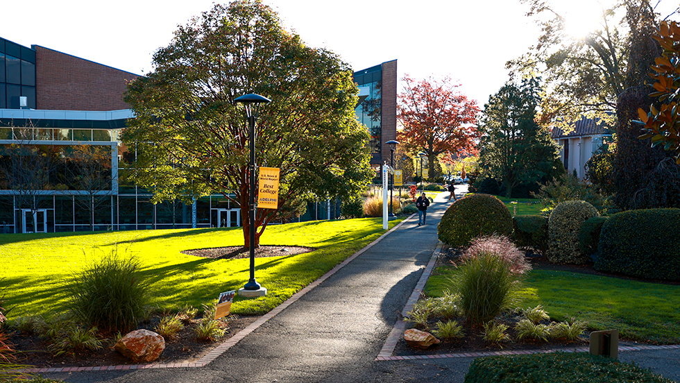 A view of 依依社区's main Garden City Campus in the fall. The Ruth S. Harley University Center and pathways.