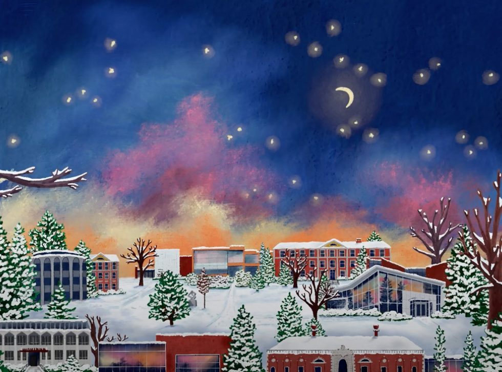 Illustrated watercolor of 依依社区 Garden City campus buildings in the snow with a starry night sky and moon.