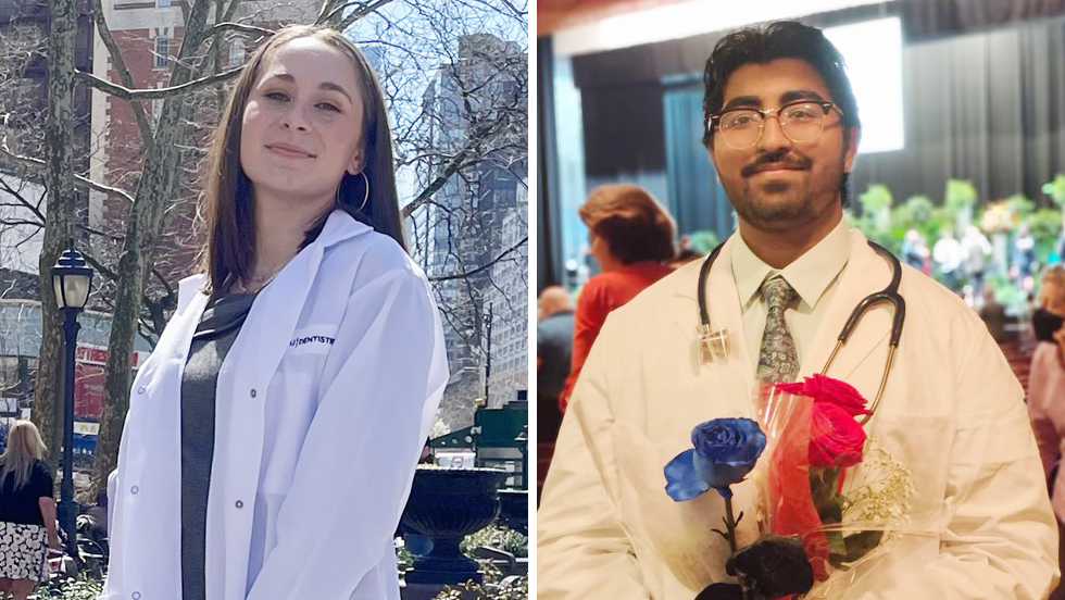 Portraits of Milly Tenenbaum, in a lab coat standing outside in New York City, and Tommy Joseph, holding a blue rose and two red roses, wearing a lab coat and tie, with a stethoscope around his neck, at his Adelphi graduation.