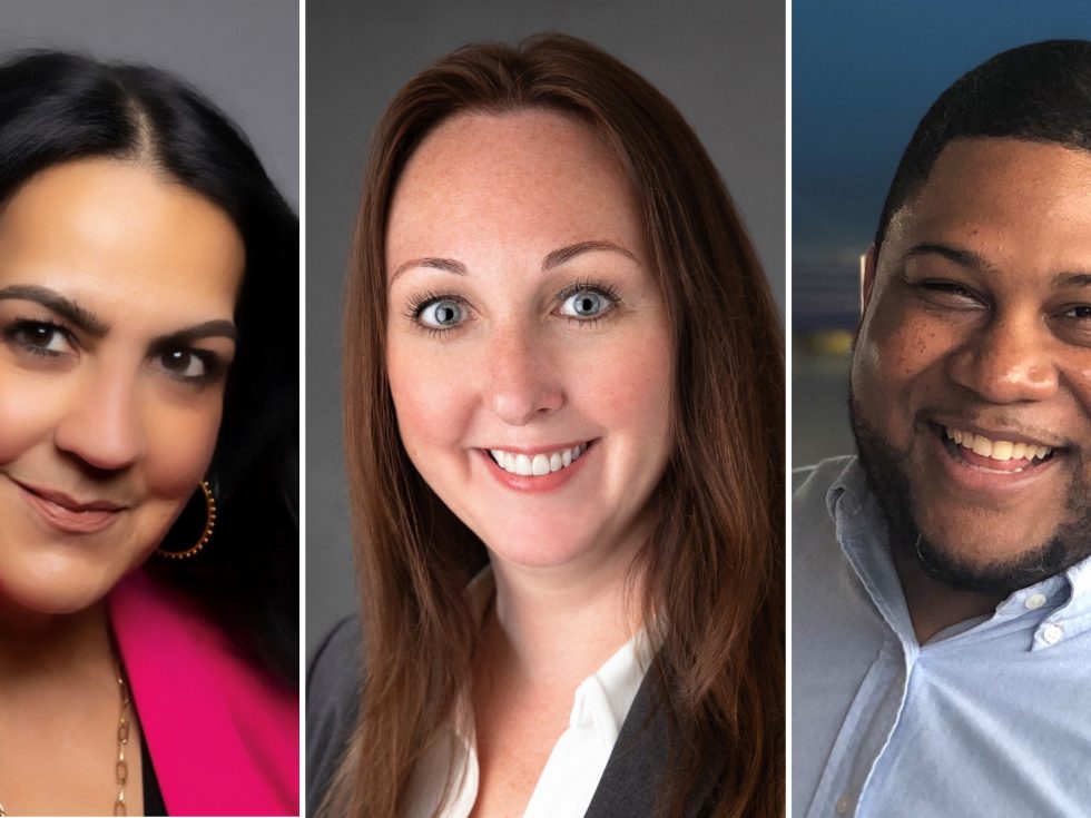 A composite of three headshots: A dark-skinned white woman, white woman and Black man, smiling.